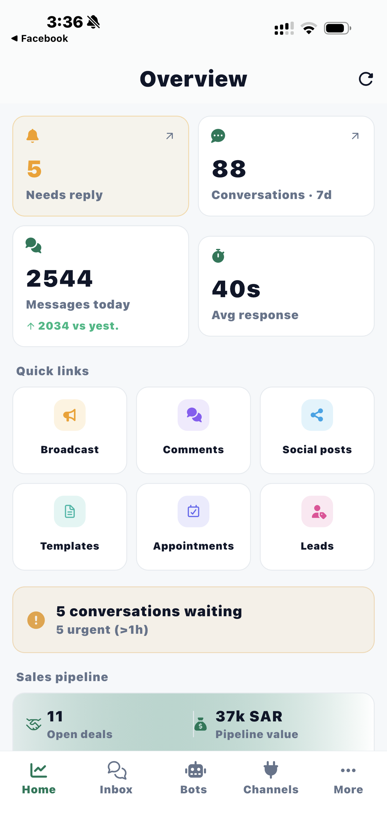 Thikaa app - AI chatbot dashboard with multi-channel messaging in Arabic and English