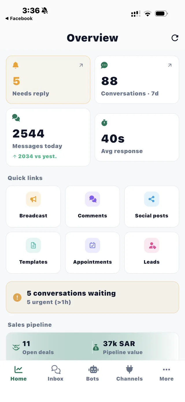Thikaa app - AI chatbot dashboard with multi-channel messaging in Arabic and English