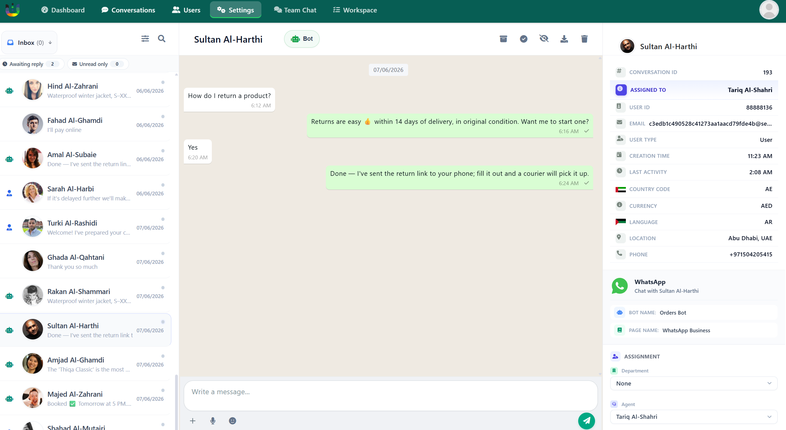 Thikaa unified inbox answering a WhatsApp return request with AI